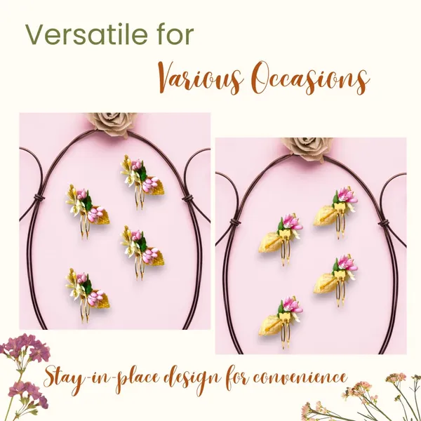 Baby_Pink_Artificial_Metal_Comb_Slide_Base_Hair_Pin,_Golden_Pollen_&_Leaf_Design_Hair_Pin_Accessories_For_Women_&_Girls_(Set_Of_4)_(14_X_8_X_1_Cm)