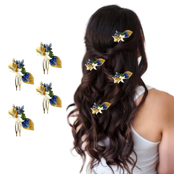 Blue_Artificial_Metal_Comb_Slide_Base_Hair_Pin,_Golden_Pollen_&_Leaf_Design_Hair_Pin_Accessories_For_Women_&_Girls_(Set_Of_4)_(14_X_8_X_1_Cm)