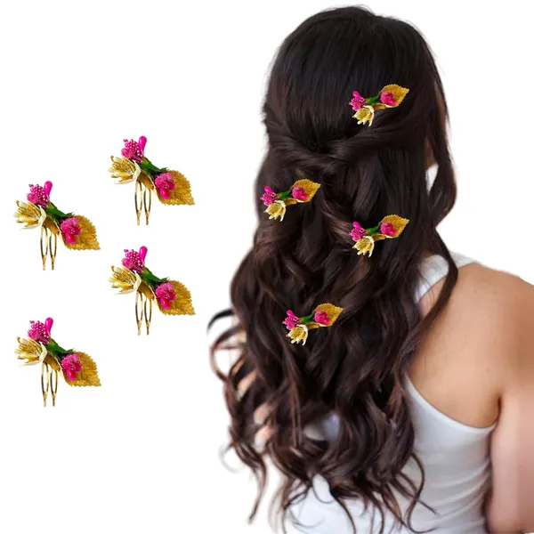 Dark_Pink_Artificial_Metal_Comb_Slide_Base_Hair_Pin,_Golden_Pollen_&_Leaf_Design_Hair_Pin_Accessories_For_Women_&_Girls_(Set_Of_4)_(14_X_8_X_1_Cm)