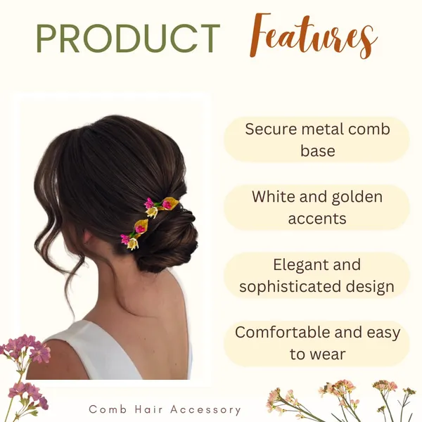 Dark_Pink_Artificial_Metal_Comb_Slide_Base_Hair_Pin,_Golden_Pollen_&_Leaf_Design_Hair_Pin_Accessories_For_Women_&_Girls_(Set_Of_4)_(14_X_8_X_1_Cm)
