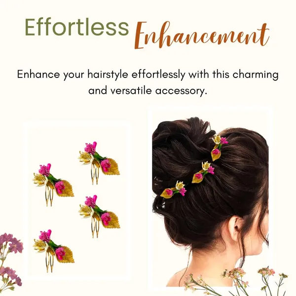 Dark_Pink_Artificial_Metal_Comb_Slide_Base_Hair_Pin,_Golden_Pollen_&_Leaf_Design_Hair_Pin_Accessories_For_Women_&_Girls_(Set_Of_4)_(14_X_8_X_1_Cm)