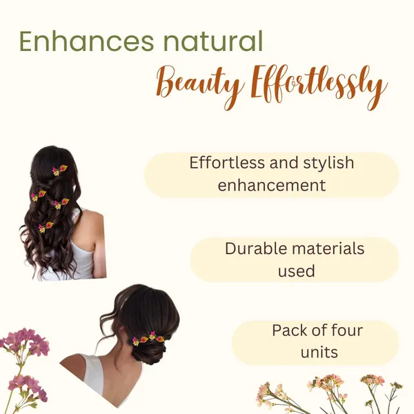 Dark_Pink_Artificial_Metal_Comb_Slide_Base_Hair_Pin,_Golden_Pollen_&_Leaf_Design_Hair_Pin_Accessories_For_Women_&_Girls_(Set_Of_4)_(14_X_8_X_1_Cm)