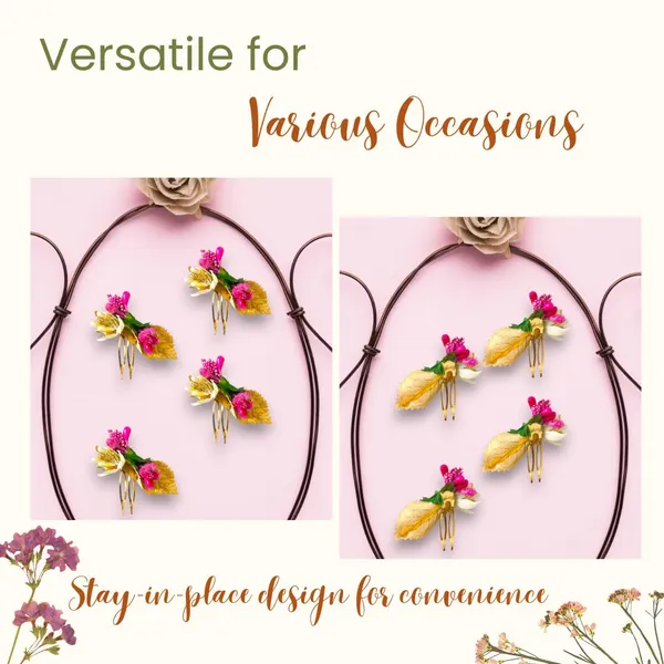 Dark_Pink_Artificial_Metal_Comb_Slide_Base_Hair_Pin,_Golden_Pollen_&_Leaf_Design_Hair_Pin_Accessories_For_Women_&_Girls_(Set_Of_4)_(14_X_8_X_1_Cm)