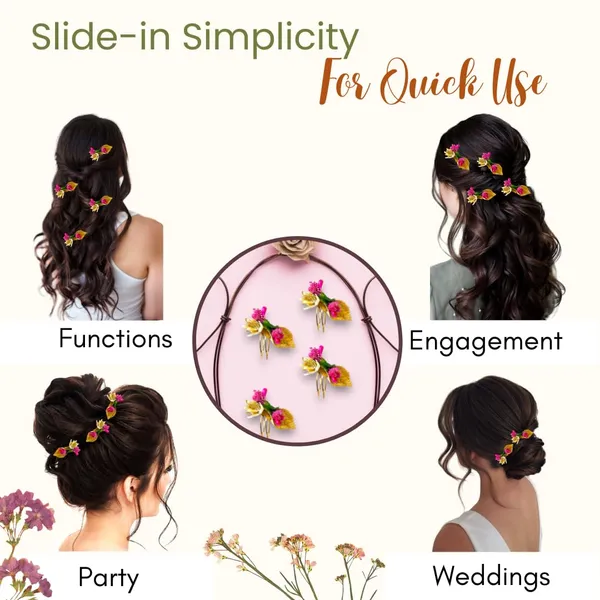Dark_Pink_Artificial_Metal_Comb_Slide_Base_Hair_Pin,_Golden_Pollen_&_Leaf_Design_Hair_Pin_Accessories_For_Women_&_Girls_(Set_Of_4)_(14_X_8_X_1_Cm)
