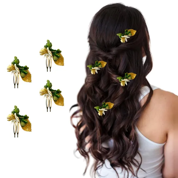 Green_Artificial_Metal_Comb_Slide_Base_Hair_Pin,_Golden_Pollen_&_Leaf_Design_Hair_Pin_Accessories_For_Women_&_Girls_(Set_Of_4)_(14_X_8_X_1_Cm)
