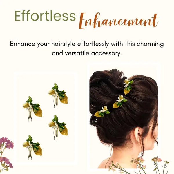 Green_Artificial_Metal_Comb_Slide_Base_Hair_Pin,_Golden_Pollen_&_Leaf_Design_Hair_Pin_Accessories_For_Women_&_Girls_(Set_Of_4)_(14_X_8_X_1_Cm)