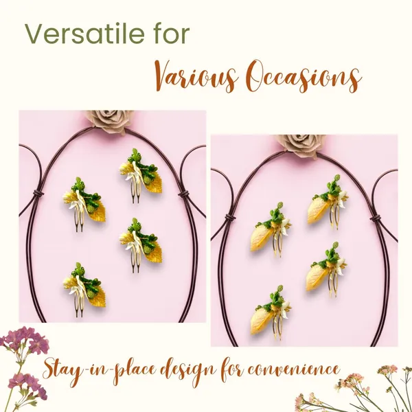 Green_Artificial_Metal_Comb_Slide_Base_Hair_Pin,_Golden_Pollen_&_Leaf_Design_Hair_Pin_Accessories_For_Women_&_Girls_(Set_Of_4)_(14_X_8_X_1_Cm)