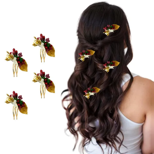 Maroon_Artificial_Metal_Comb_Slide_Base_Hair_Pin,_Golden_Pollen_&_Leaf_Design_Hair_Pin_Accessories_For_Women_&_Girls_(Set_Of_4)_(14_X_8_X_1_Cm)