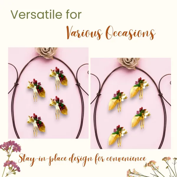 Maroon_Artificial_Metal_Comb_Slide_Base_Hair_Pin,_Golden_Pollen_&_Leaf_Design_Hair_Pin_Accessories_For_Women_&_Girls_(Set_Of_4)_(14_X_8_X_1_Cm)