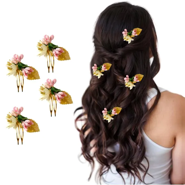 Peach_Artificial_Metal_Comb_Slide_Base_Hair_Pin,_Golden_Pollen_&_Leaf_Design_Hair_Pin_Accessories_For_Women_&_Girls_(Set_Of_4)_(14_X_8_X_1_Cm)