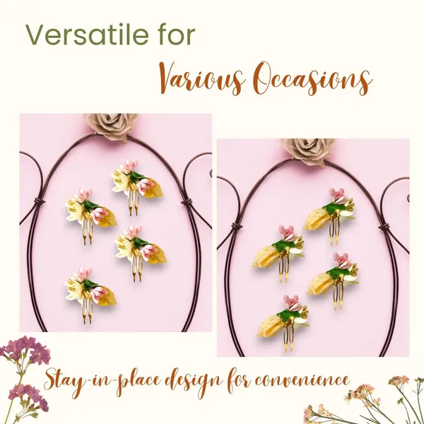 Peach_Artificial_Metal_Comb_Slide_Base_Hair_Pin,_Golden_Pollen_&_Leaf_Design_Hair_Pin_Accessories_For_Women_&_Girls_(Set_Of_4)_(14_X_8_X_1_Cm)
