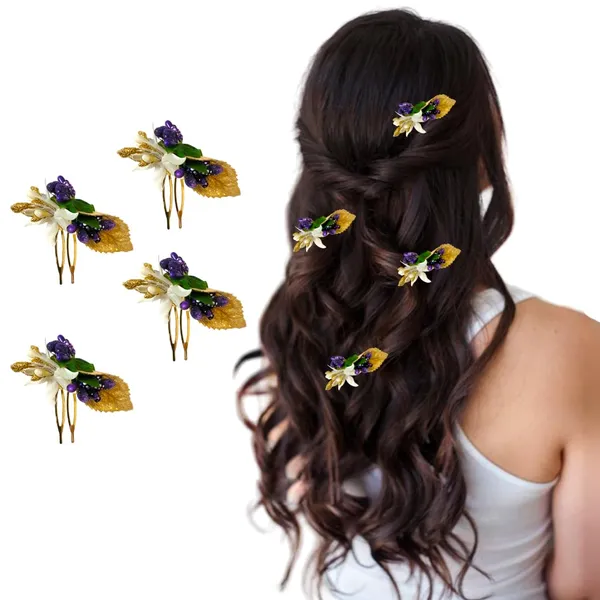 Purple_Artificial_Metal_Comb_Slide_Base_Hair_Pin,_Golden_Pollen_&_Leaf_Design_Hair_Pin_Accessories_For_Women_&_Girls_(Set_Of_4)_(14_X_8_X_1_Cm)