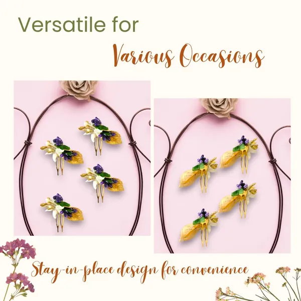 Purple_Artificial_Metal_Comb_Slide_Base_Hair_Pin,_Golden_Pollen_&_Leaf_Design_Hair_Pin_Accessories_For_Women_&_Girls_(Set_Of_4)_(14_X_8_X_1_Cm)
