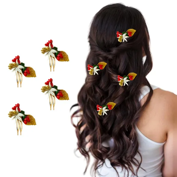 Red_Artificial_Metal_Comb_Slide_Base_Hair_Pin,_Golden_Pollen_&_Leaf_Design_Hair_Pin_Accessories_For_Women_&_Girls_(Set_Of_4)_(14_X_8_X_1_Cm)