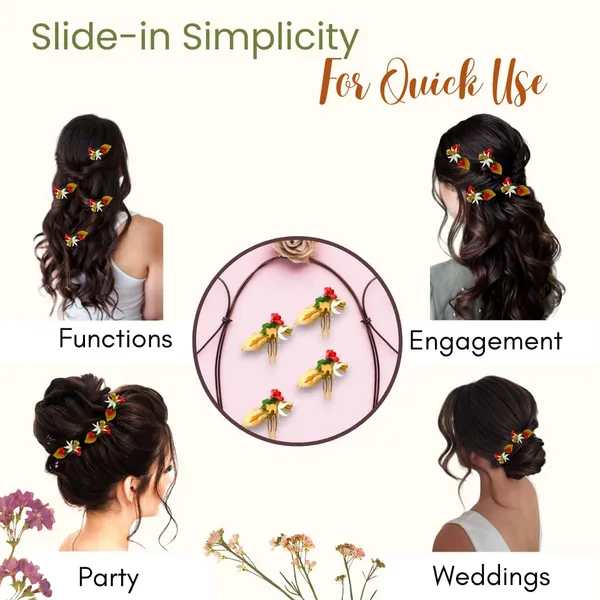 Red_Artificial_Metal_Comb_Slide_Base_Hair_Pin,_Golden_Pollen_&_Leaf_Design_Hair_Pin_Accessories_For_Women_&_Girls_(Set_Of_4)_(14_X_8_X_1_Cm)