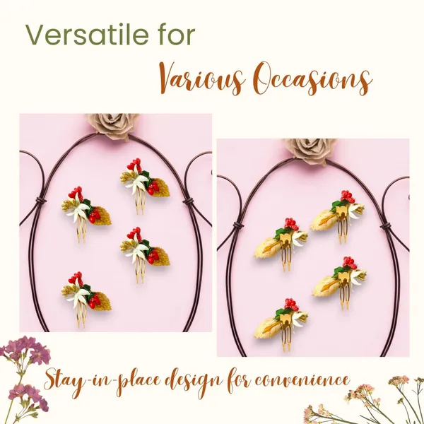 Red_Artificial_Metal_Comb_Slide_Base_Hair_Pin,_Golden_Pollen_&_Leaf_Design_Hair_Pin_Accessories_For_Women_&_Girls_(Set_Of_4)_(14_X_8_X_1_Cm)