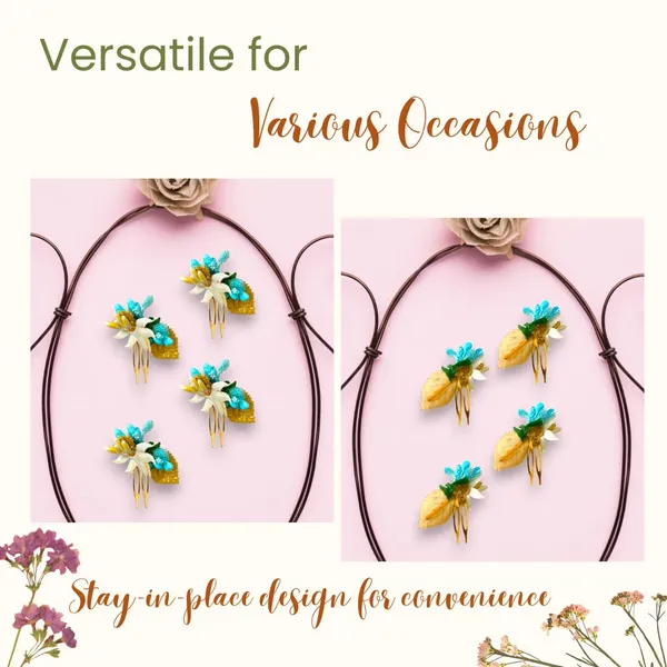 Sky_Blue_Artificial_Metal_Comb_Slide_Base_Hair_Pin,_Golden_Pollen_&_Leaf_Design_Hair_Pin_Accessories_For_Women_&_Girls_(Set_Of_4)_(14_X_8_X_1_Cm)