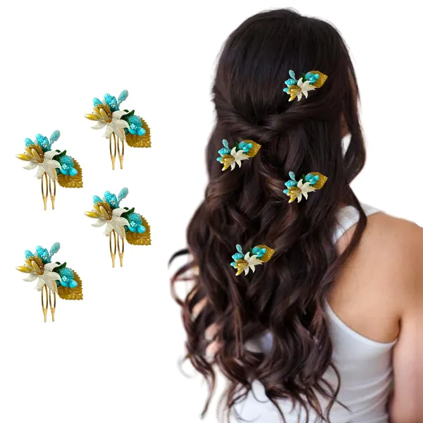 Sky_Blue_Artificial_Metal_Comb_Slide_Base_Hair_Pin,_Golden_Pollen_&_Leaf_Design_Hair_Pin_Accessories_For_Women_&_Girls_(Set_Of_4)_(14_X_8_X_1_Cm)