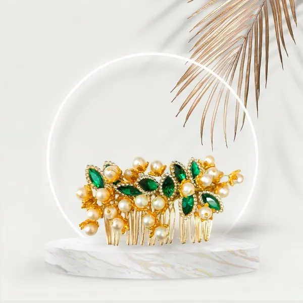 Green_Artificial_Golden_Metal_With_Pearl_Beads_&_Crystal_Leaf_Stones_Comb_Slide_Hair_Accessories_For_Women_&_Girls_(14_X_8_X_1_Cm)