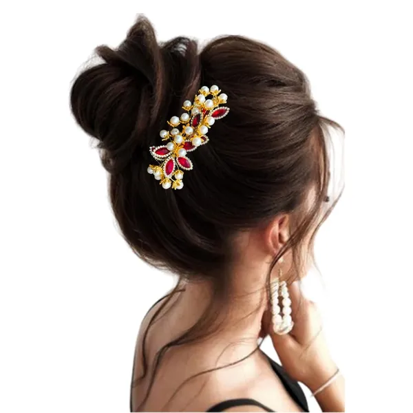 Red_Artificial_Golden_Metal_With_Pearl_Beads_&_Crystal_Leaf_Stones_Comb_Slide_Hair_Accessories_For_Women_&_Girls_(14_X_8_X_1_Cm)
