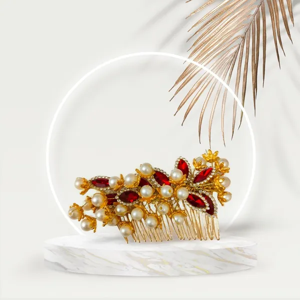 Red_Artificial_Golden_Metal_With_Pearl_Beads_&_Crystal_Leaf_Stones_Comb_Slide_Hair_Accessories_For_Women_&_Girls_(14_X_8_X_1_Cm)