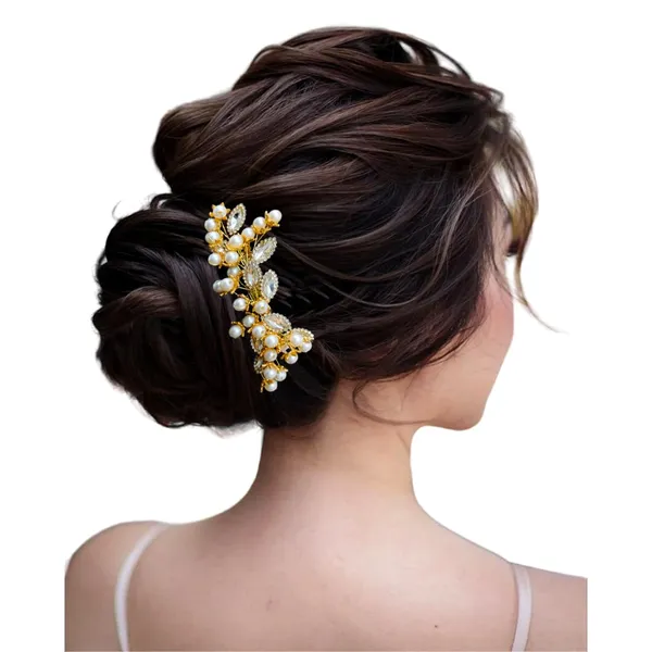 White_Artificial_Golden_Metal_With_Pearl_Beads_&_Crystal_Leaf_Stones_Comb_Slide_Hair_Accessories_For_Women_&_Girls_(14_X_8_X_1_Cm)