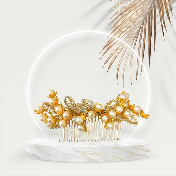 White_Artificial_Golden_Metal_With_Pearl_Beads_&_Crystal_Leaf_Stones_Comb_Slide_Hair_Accessories_For_Women_&_Girls_(14_X_8_X_1_Cm)