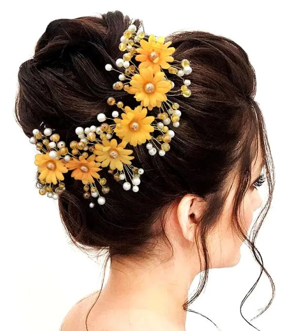 Yellow_Artificial_Round_Shape_Flowers_With_Pearls_Bridal_Hair_Vein_Accessories_For_Women
