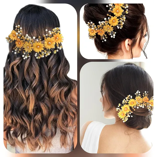 Yellow_Artificial_Round_Shape_Flowers_With_Pearls_Bridal_Hair_Vein_Accessories_For_Women