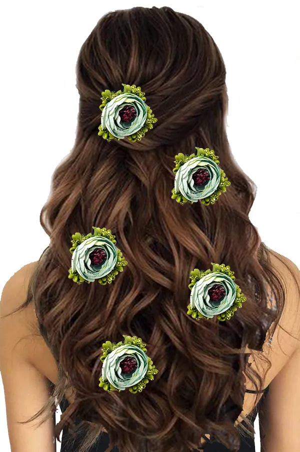 Pack_of_5_Rama_Green_Artificial_Rose_Flower_Hair_Pin_For_Women__Pins