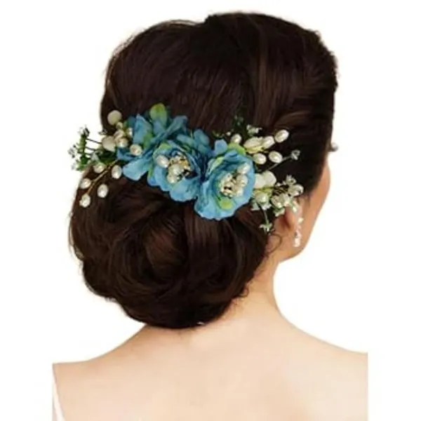 Blue_Artificial_Flower_Hair_Comb_Slide_For_Women_&_Girls