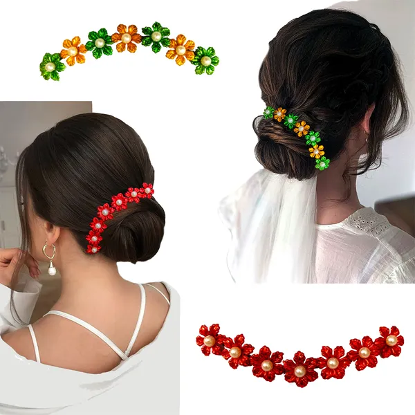 Red_&_Green_Gold_Artificial_Small_Floral_Design_Hair_Vein_Accessories_With_Pearl_And_Beads_For_Women_&_Girls_(Set_Of_2)_(14_X_8_X_1_Cm)