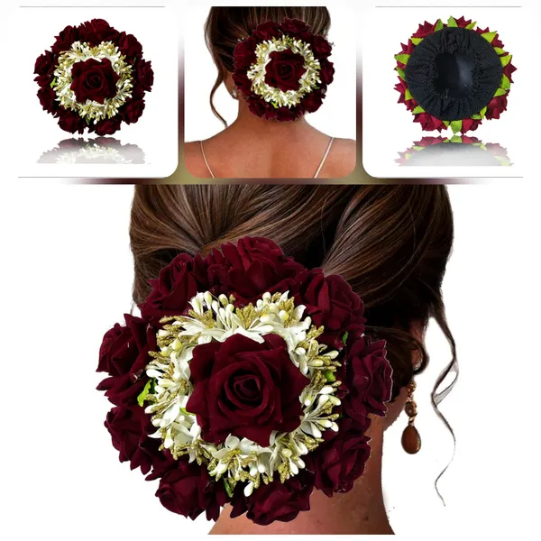 Maroon_Attractive_Artificial_Rounded_Rose_Flower_With_Lily_Wedding_Hair_Accessories_For_Women_&_Girls_(14_X_8_X_4_Cm)
