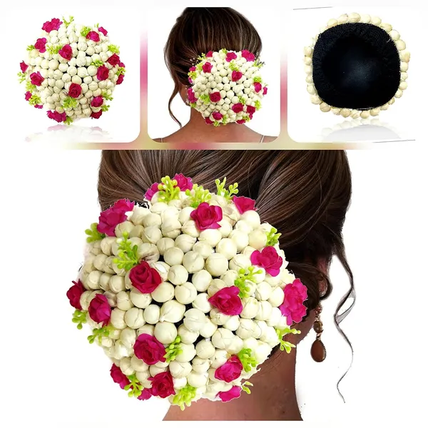 Dark_Pink_Artificial_Mogra_With_Rose_Flower_Design_Rounded_Hairpin_For_Women_&_Girls_(14_X_8_X_1_Cm)