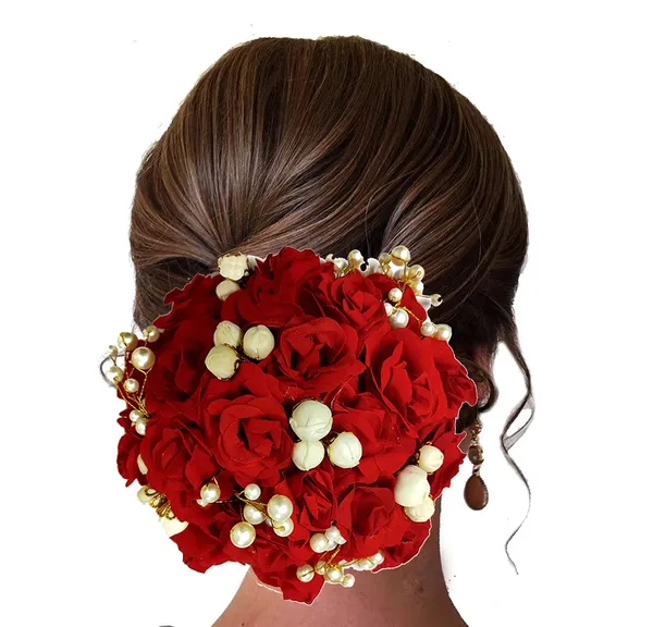 Red_Artificial_Roses_With_Golden_Pearl_And_Mogra_Pollen_Gajra_Hairpin_Accessories_For_Women_&_Girls_(14_X_8_X_1_Cm)