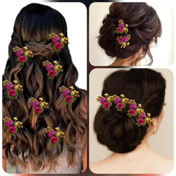 Pack_of_8_Dark_Pink_Floral_Shaped_Leaf_Design_Hair_Pin_Accessories_For_Women_Pins