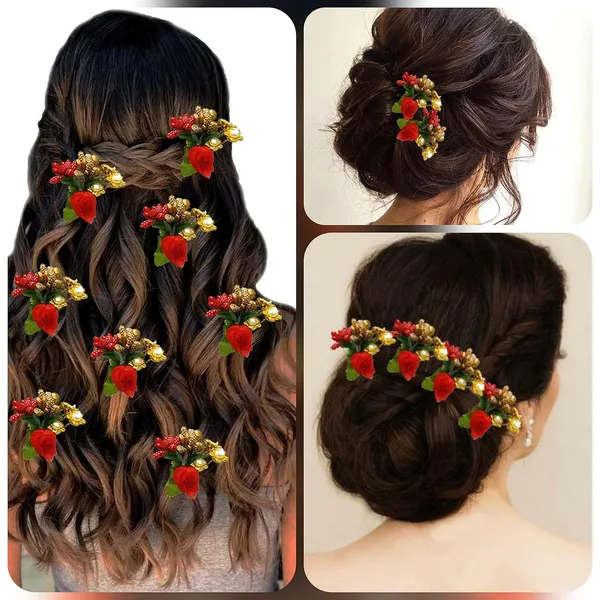 Pack_of_8_Red_Floral_Shaped_Leaf_Design_Hair_Pin_Accessories_For_Women_Pins