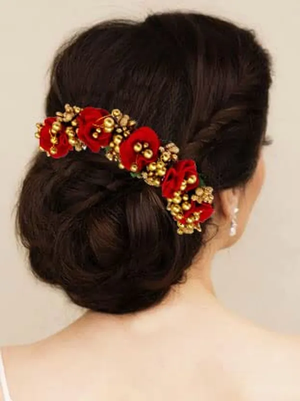 Red_Floral_Shaped_Stone_&_Pearl_Design_Hair_Pin_Accessories_For_Women_&_Girls_(14_X_8_X_1_Cm)