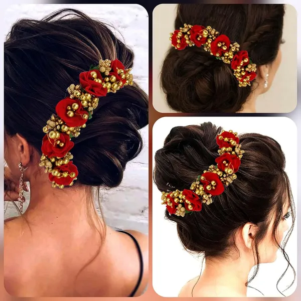Red_Floral_Shaped_Stone_&_Pearl_Design_Hair_Pin_Accessories_For_Women_&_Girls_(14_X_8_X_1_Cm)