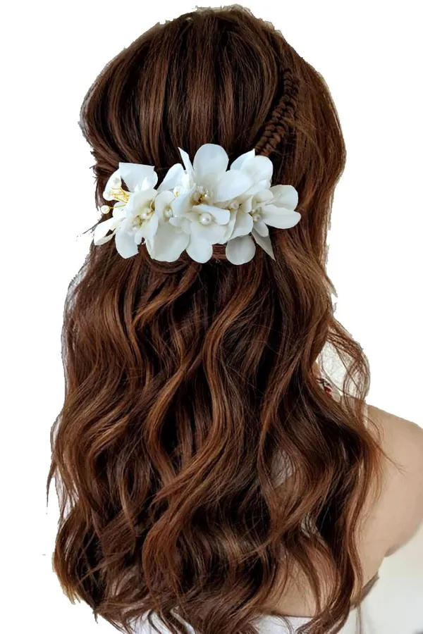 White_Floral_Shaped_With_Pearl_&_Stone_Hairpin_Accessories_For_Women_&_Girls_(14_X_8_X_1_Cm)