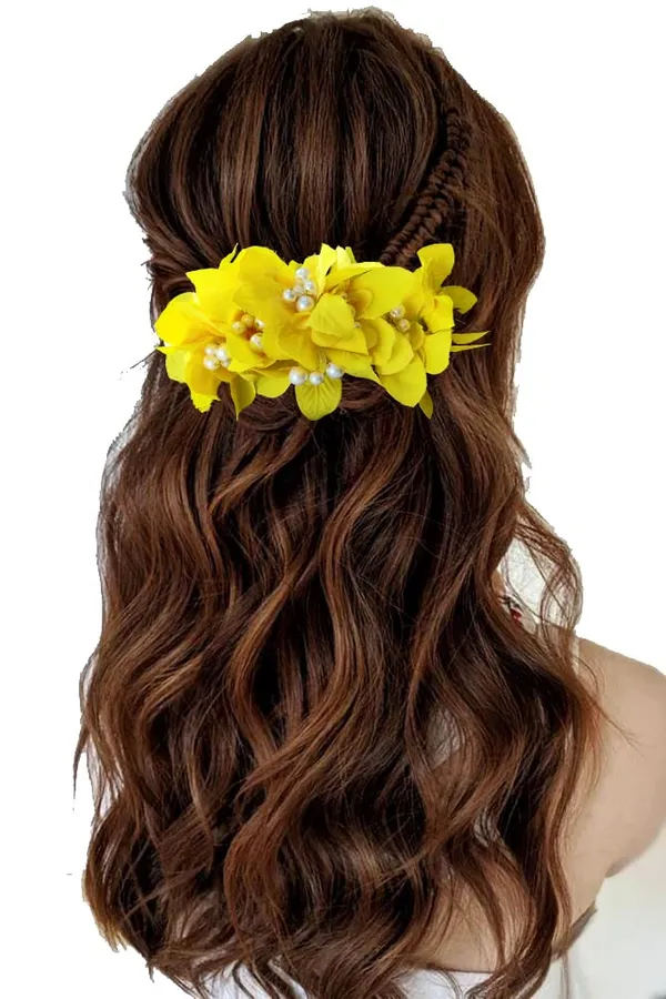 Yellow_Floral_Shaped_With_Pearl_&_Stone_Hairpin_Accessories_For_Women_&_Girls_(14_X_8_X_1_Cm)