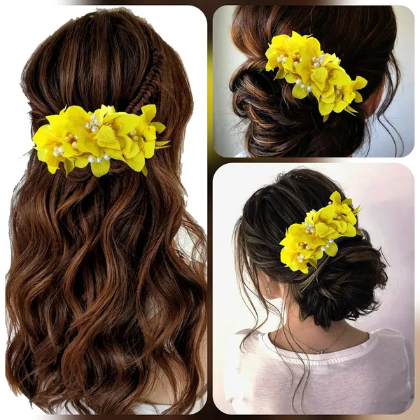 Yellow_Floral_Shaped_With_Pearl_&_Stone_Hairpin_Accessories_For_Women_&_Girls_(14_X_8_X_1_Cm)