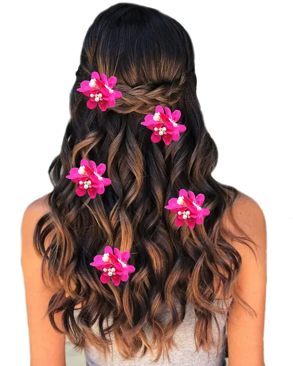 Pack_of_5_Dark_Pink_Flower_With_Pearl_Hair_Pin_Accessorie_For_Women