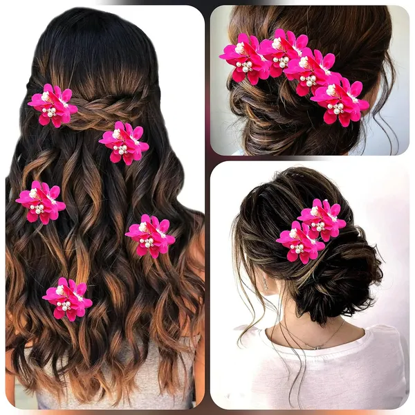 Pack_of_5_Dark_Pink_Flower_With_Pearl_Hair_Pin_Accessorie_For_Women