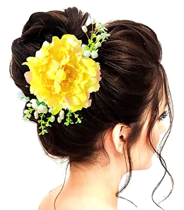 Yellow_Floral_Shaped_With_Pearl_Design_Hairpin_Accessories_For_Women_&_Girls_(14_X_8_X_1_Cm)