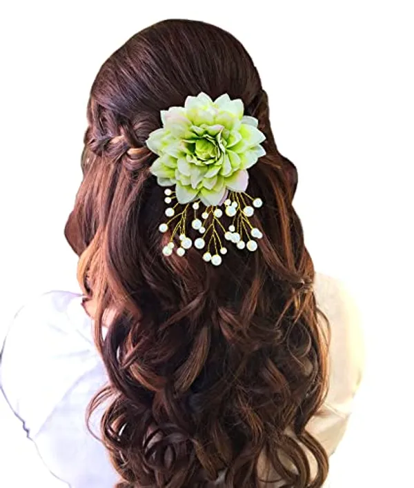 Green_Dahlia_Flower_With_White_Pearl_Hair_Clutcher_Accessories_For_Women_&_Girls_(13_X_8_X_1_Cm)