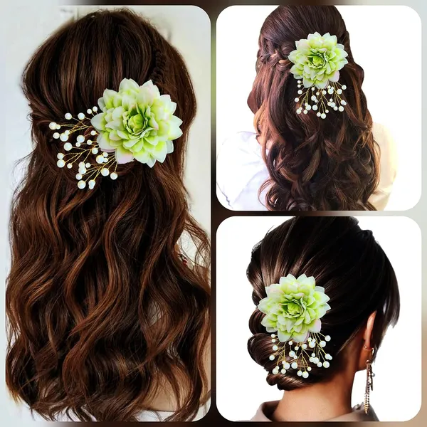 Green_Dahlia_Flower_With_White_Pearl_Hair_Clutcher_Accessories_For_Women_&_Girls_(13_X_8_X_1_Cm)