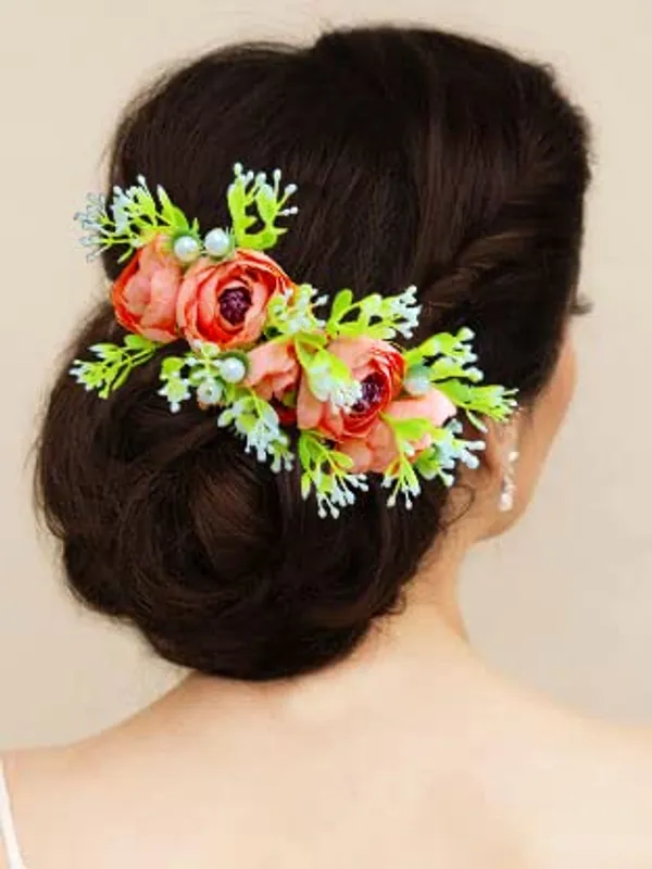 Orange_Attractive_Roses_With_Pearl_&_Leaf_Design_Hairpin_Accessories_For_Women_&_Girls_(14_X_8_X_1_Cm)