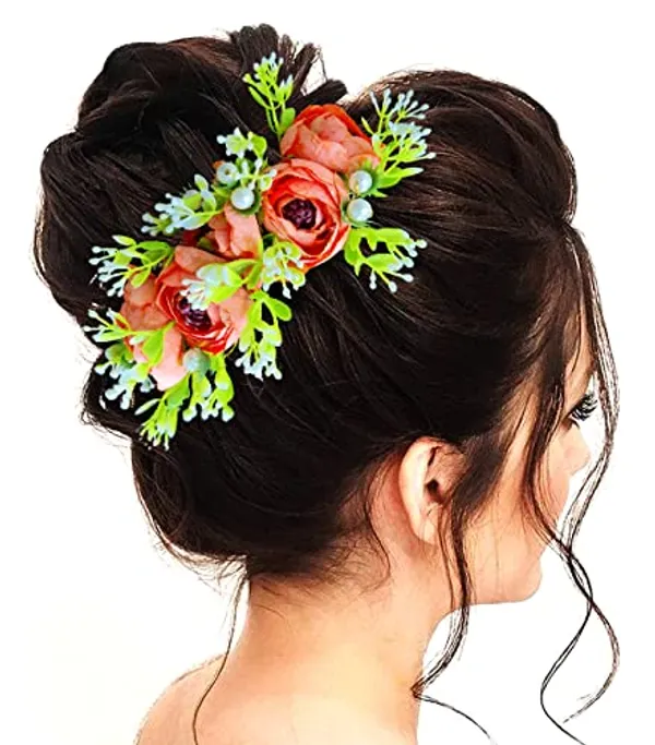 Orange_Attractive_Roses_With_Pearl_&_Leaf_Design_Hairpin_Accessories_For_Women_&_Girls_(14_X_8_X_1_Cm)
