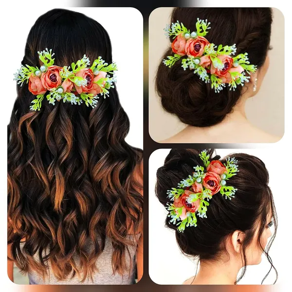 Orange_Attractive_Roses_With_Pearl_&_Leaf_Design_Hairpin_Accessories_For_Women_&_Girls_(14_X_8_X_1_Cm)